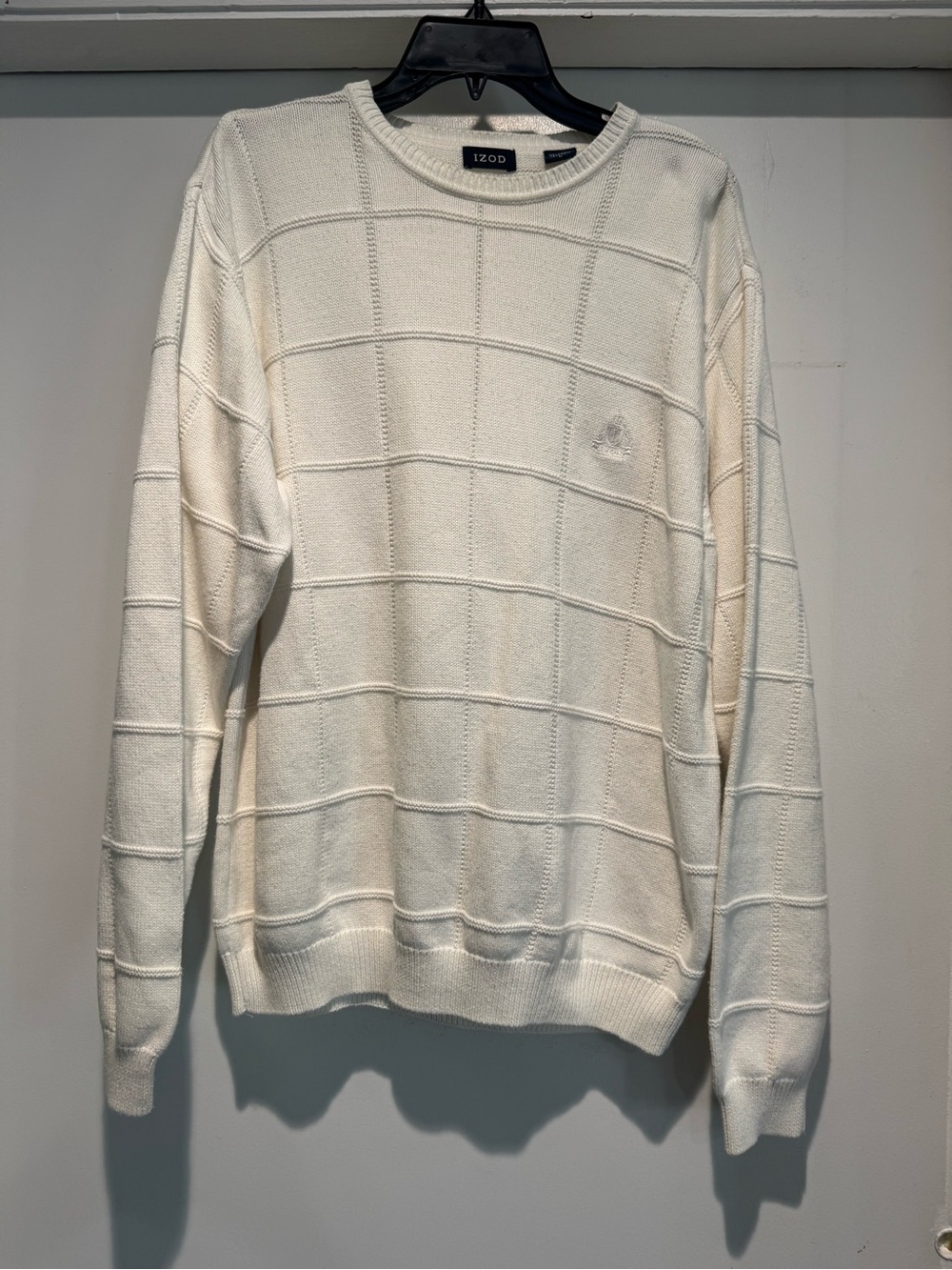 IZOD Preppy white Sweater Men L Golf Pullover Check Crest 100% Cotton Crew